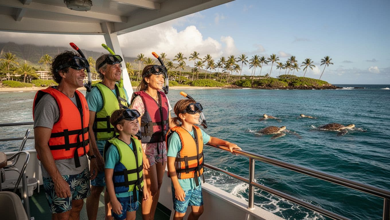 Family of four in snorkel vests smiles from upper deck of double-decker boat off Waikiki at distant turtles.