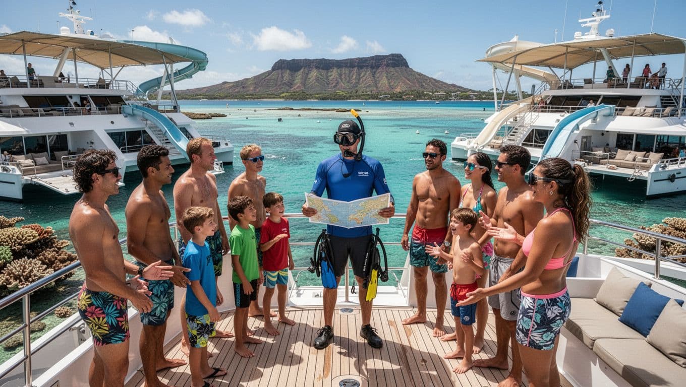 Ten people on upper deck of anchored catamaran listen to snorkel guide with map and gear, turquoise lagoon and Diamond Head behind.