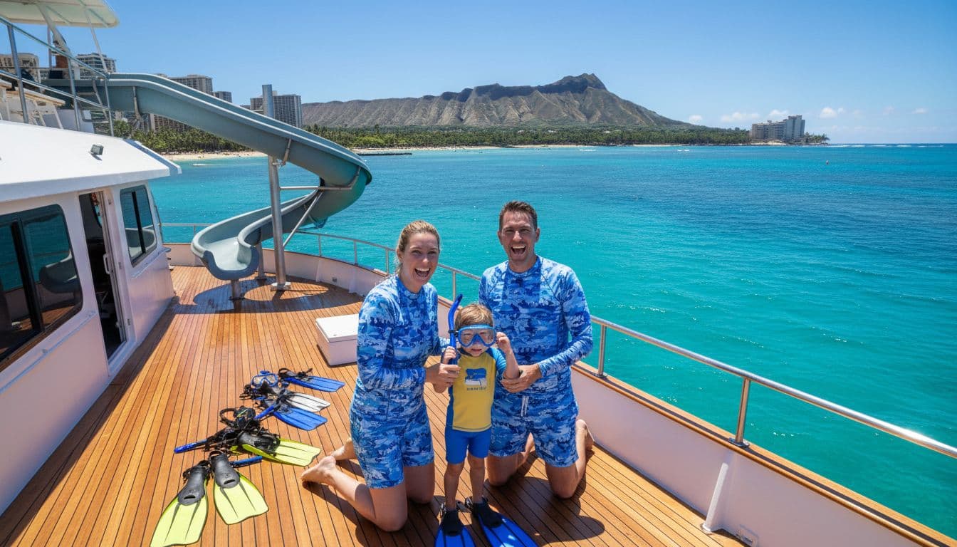 A joyful family of three in rash guards stands on a double-decker boat with water slide off Waikiki, preparing for snorkeling with Diamond Head and ocean in the sunny Hawaii backdrop.