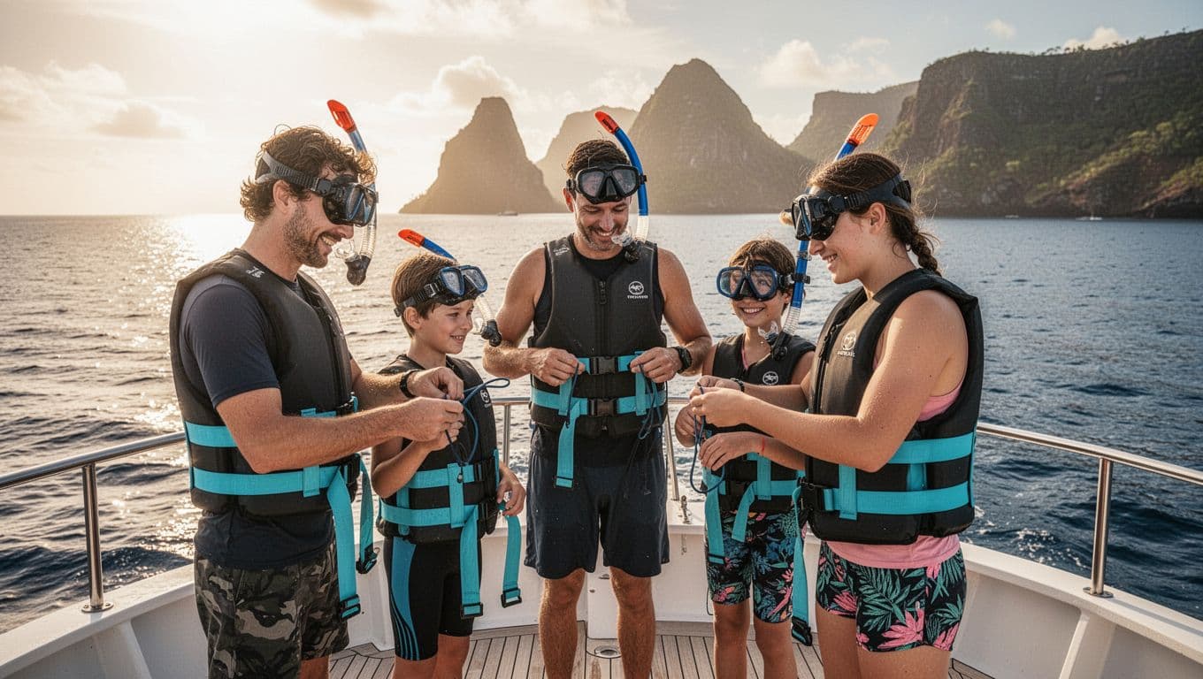 A small family of three and a guide on a sunny boat deck getting fitted with snorkel gear and float belts, with ocean backdrop and distant Big Island volcanic cliffs, everyone smiling relaxed.