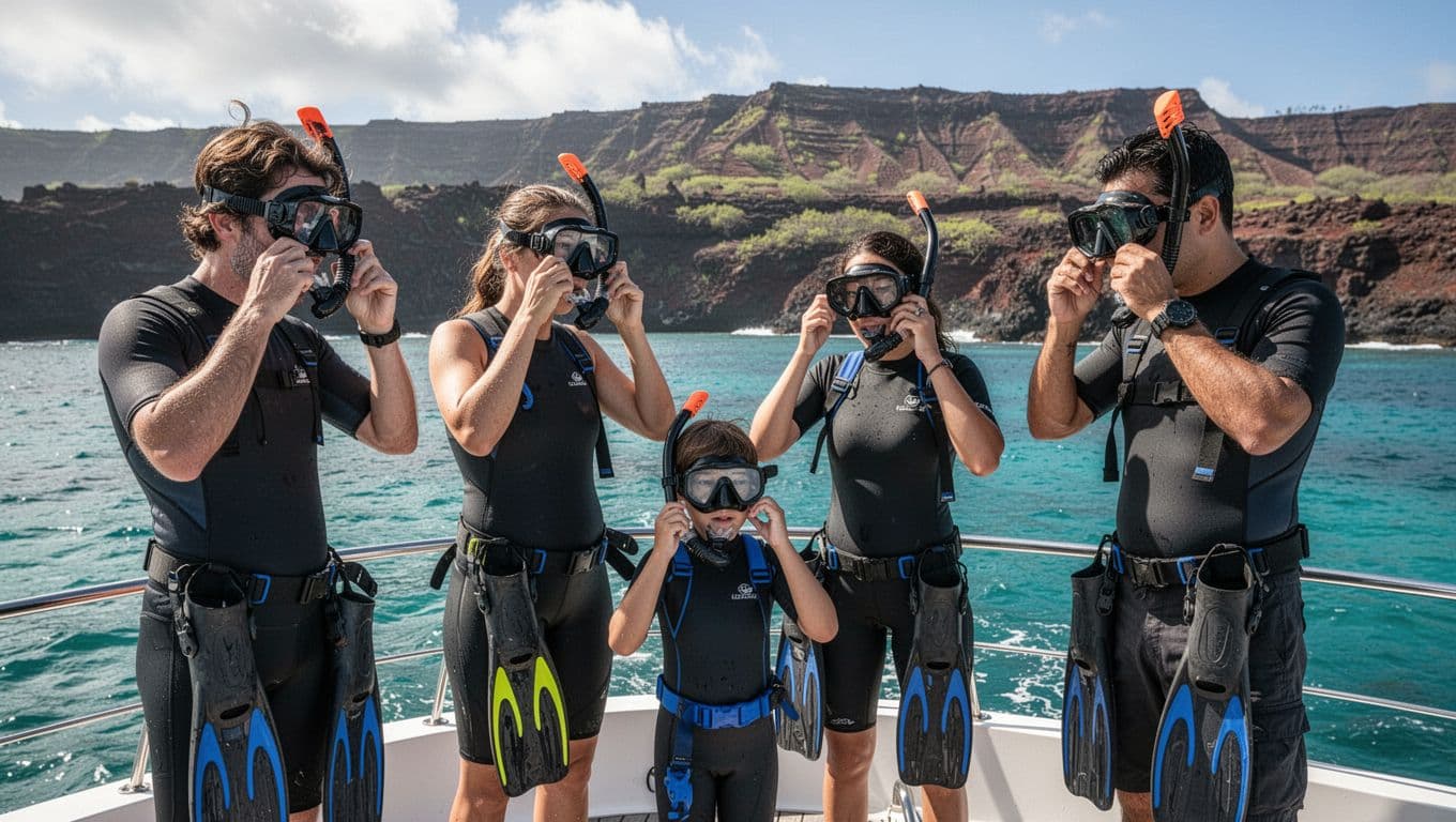 Diverse family of three and guide adjust snorkel masks, snorkels, and fins on boat deck with turquoise water background.