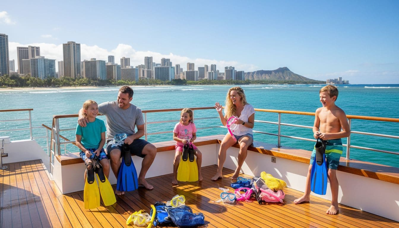 A joyful family of two adults and three kids excitedly prepares their snorkel gear on the sunny upper deck of a double-decker boat at Kewalo Basin Harbor, with the Waikiki skyline, ocean waves, and bright daylight illuminating the relaxed scene.