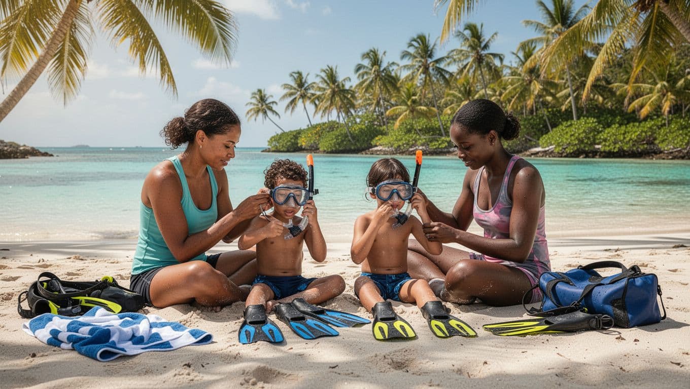 A diverse family of four sits on a sandy beach at Magic Island in Honolulu, with two adults helping two children adjust snorkel masks and fins amid towels and bags. A calm turquoise lagoon and palm trees frame the bright, sunny scene.