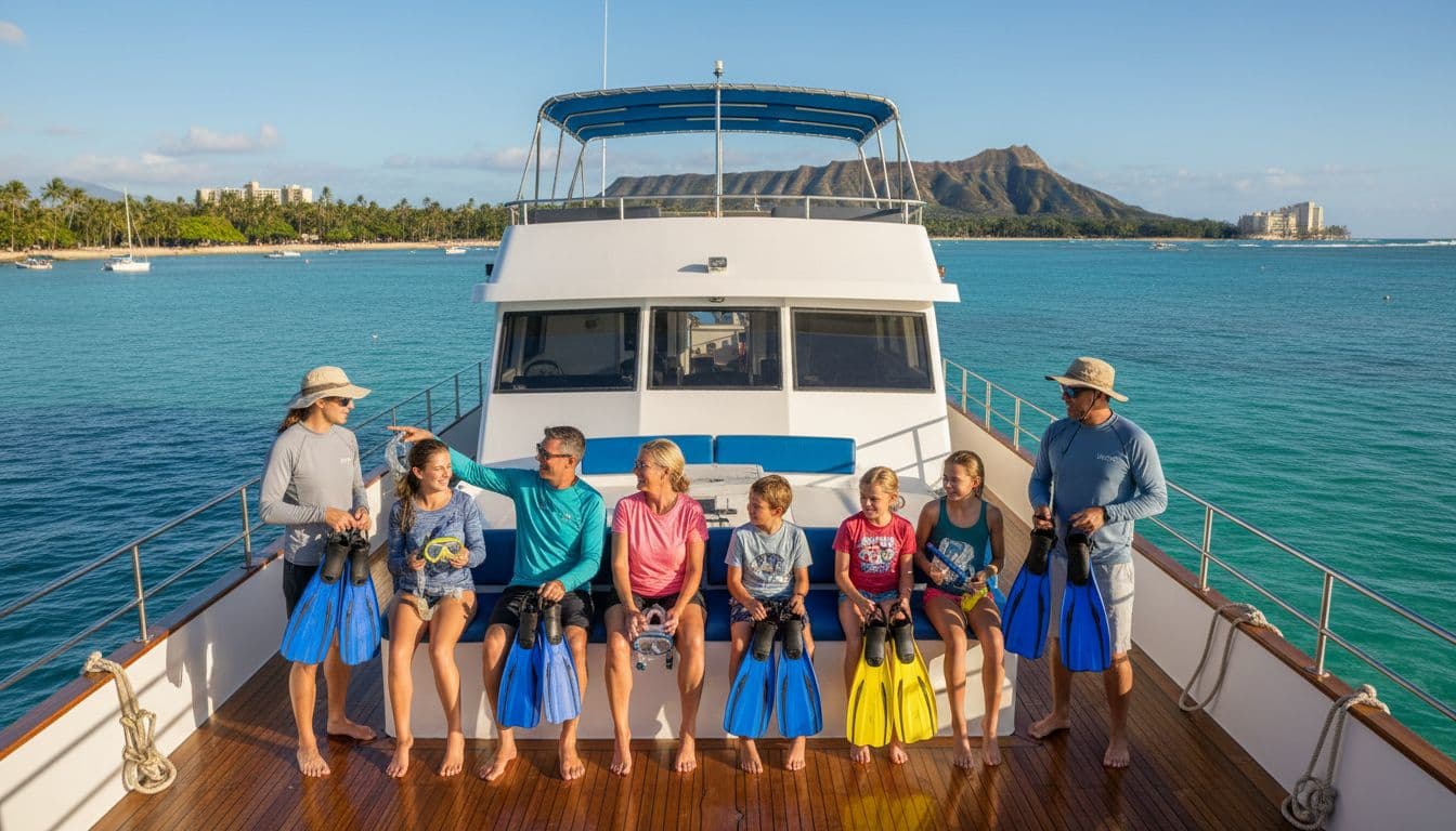 A diverse group of four adults, two kids, and two professional guides on a stable double-decker boat in calm Waikiki waters gently don snorkel gear under expert guidance, with shaded seating and bright tropical sunlight.