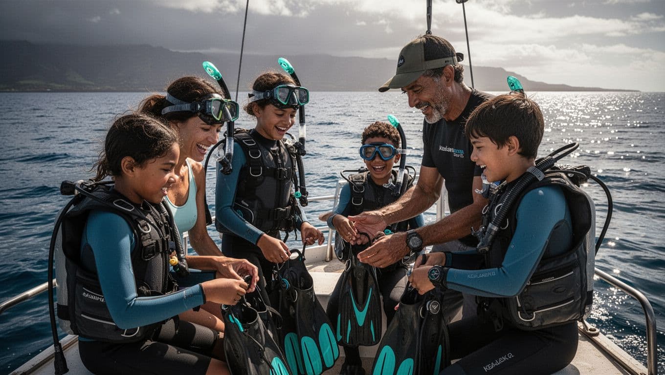 Family of four fits snorkel gear on boat with guide nearby at Kealakekua Bay, calm sea behind.