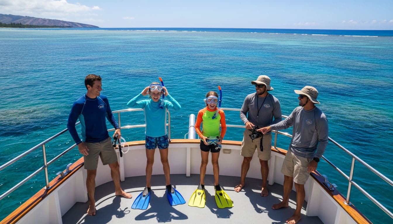Two adults and two kids in rash guards ready snorkel gear on double-decker boat deck at Turtle Canyon.