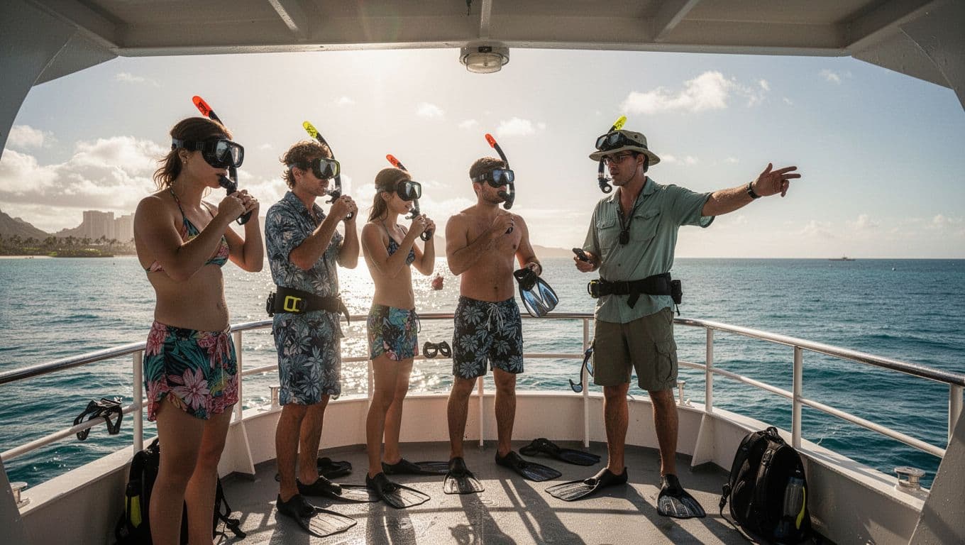 Family group and guide on double-decker boat deck prepare snorkel gear as guide points to reef map with calm Waikiki waters behind.