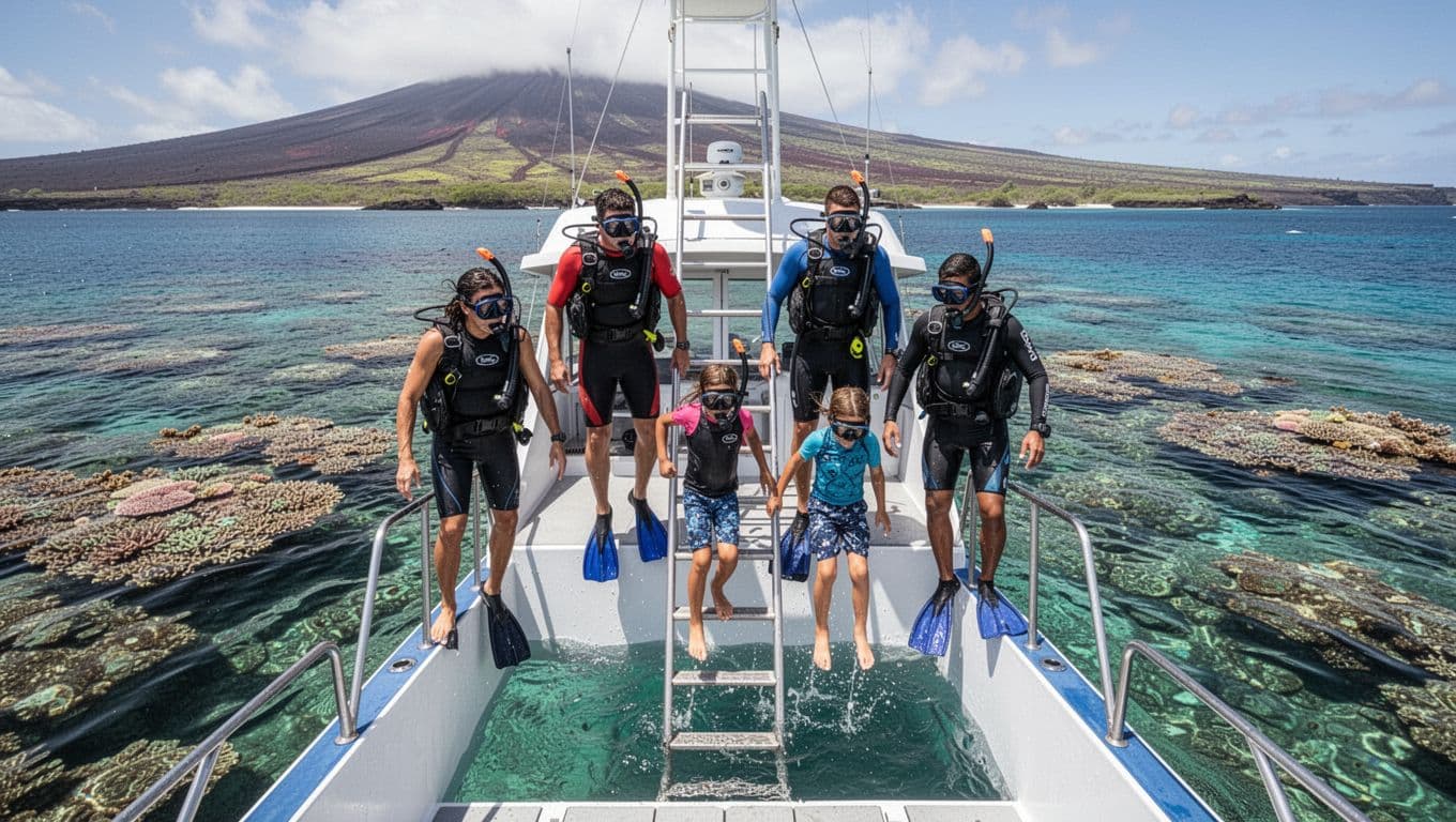 A family group of two adults and two kids gears up and enters the clear turquoise water from the boat's stern ladder at Kealakekua Bay, with vibrant coral reef visible below and dramatic midday lighting.
