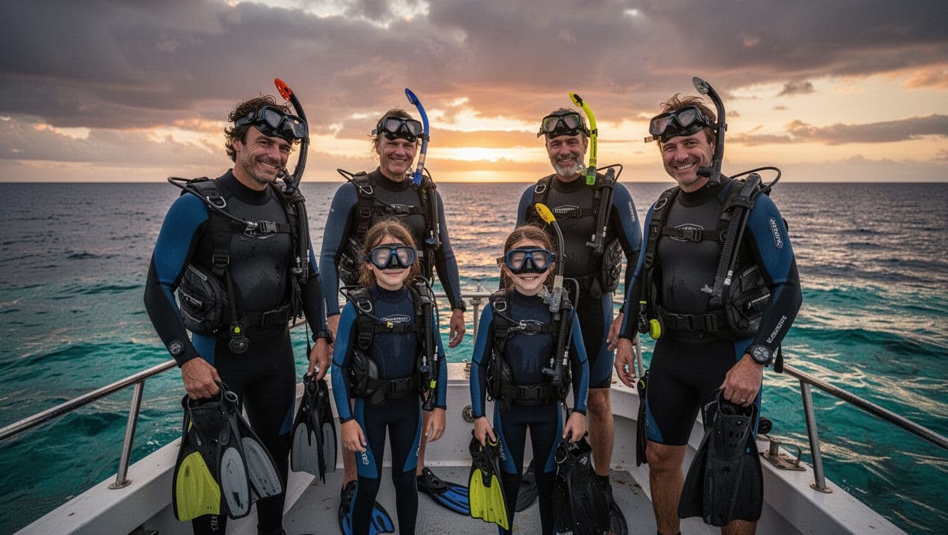 Group of four snorkelers—two adults and two kids—smiling tiredly on a small boat deck after a manta ray tour on the Kona coast, removing gear with ocean horizon at dusk in cinematic strong contrast and warm sunset tones.