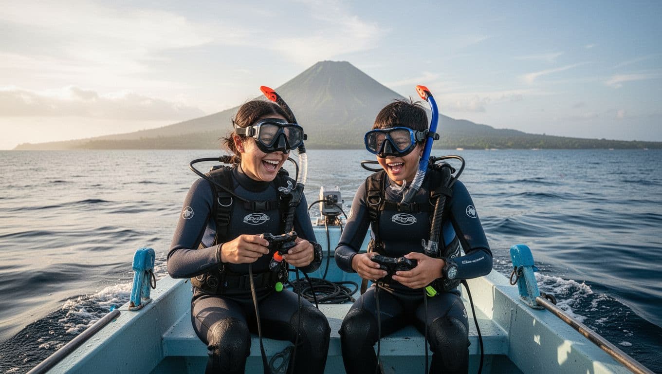 Group of four adults and one child with excited faces and snorkeling gear ready on a small boat heading to Kealakekua Bay, ocean backdrop with volcano silhouette in morning cinematic light.