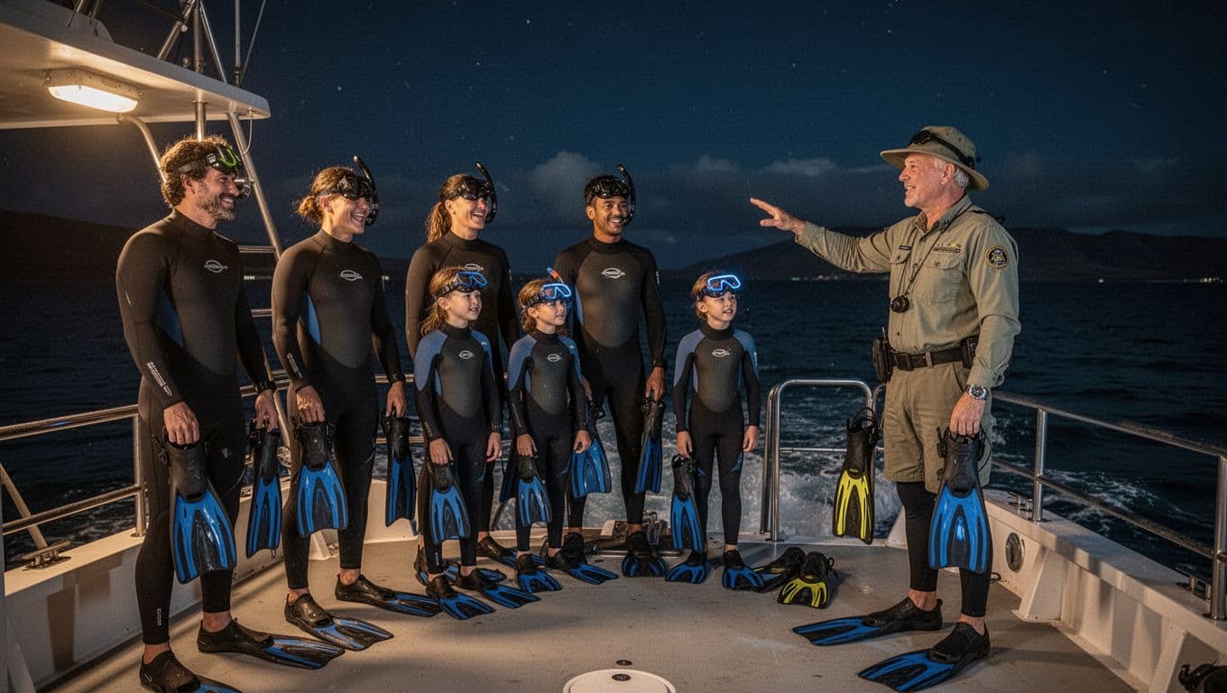 Group of six excited snorkelers—three adults and three kids—on a boat deck at night at Honokohau Harbor, wearing wetsuits, masks, and fins, with a lifeguard-certified guide pointing to the ocean under cinematic dramatic lighting.