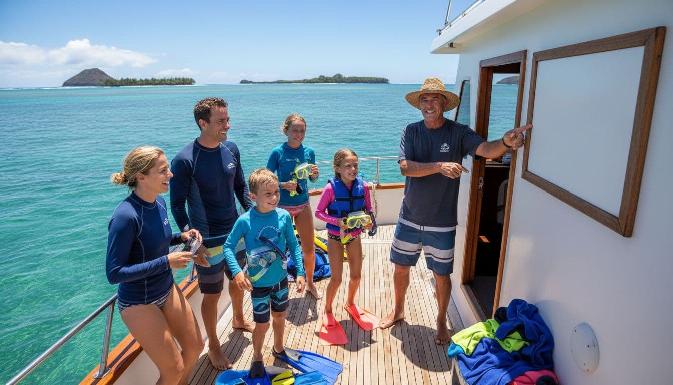 A cheerful group of five snorkelers, including a family with kids and a couple, prepares gear on a boat deck while the captain points to a rules sign against a vibrant Hawaiian ocean backdrop in bright daylight.