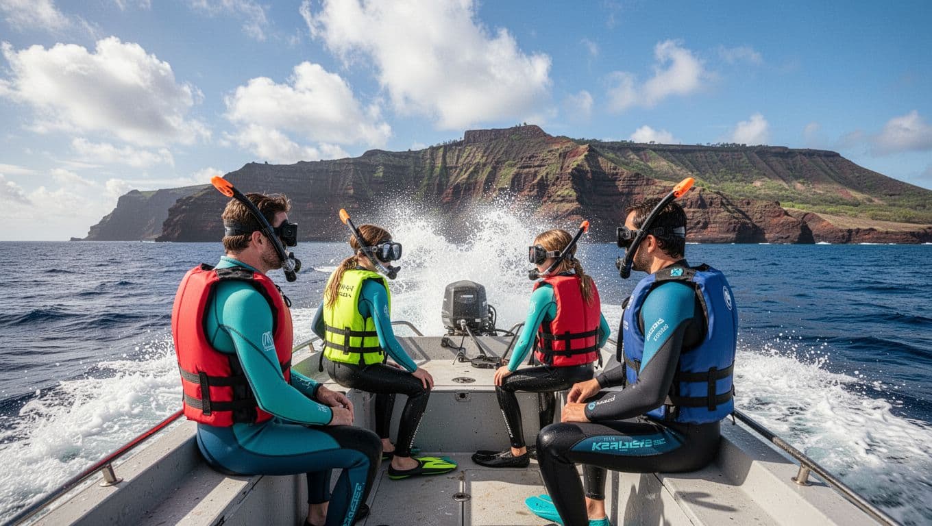 Group of four snorkelers—two adults and two kids—wearing wetsuits and life vests with excited expressions on a small speedboat heading to Kealakekua Bay, ocean spray and volcanic coastline in the sunny background.