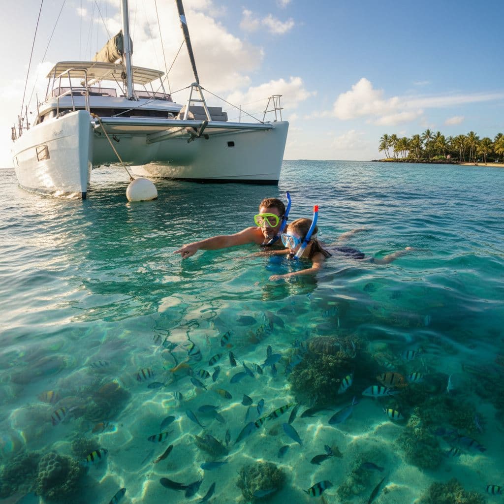 An adult and child prepare to snorkel off the side of a stable vessel into vibrant turquoise Hawaiian waters. The sunlit ocean surface remains calm, creating an inviting atmosphere for explorers.