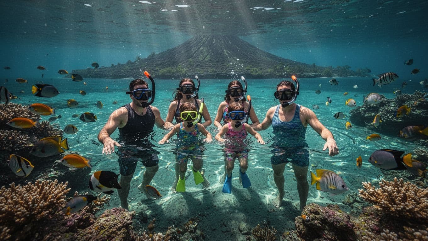 A happy family of four snorkels together in clear turquoise waters near vibrant coral reefs and colorful tropical fish, with a volcanic coastline in the background.