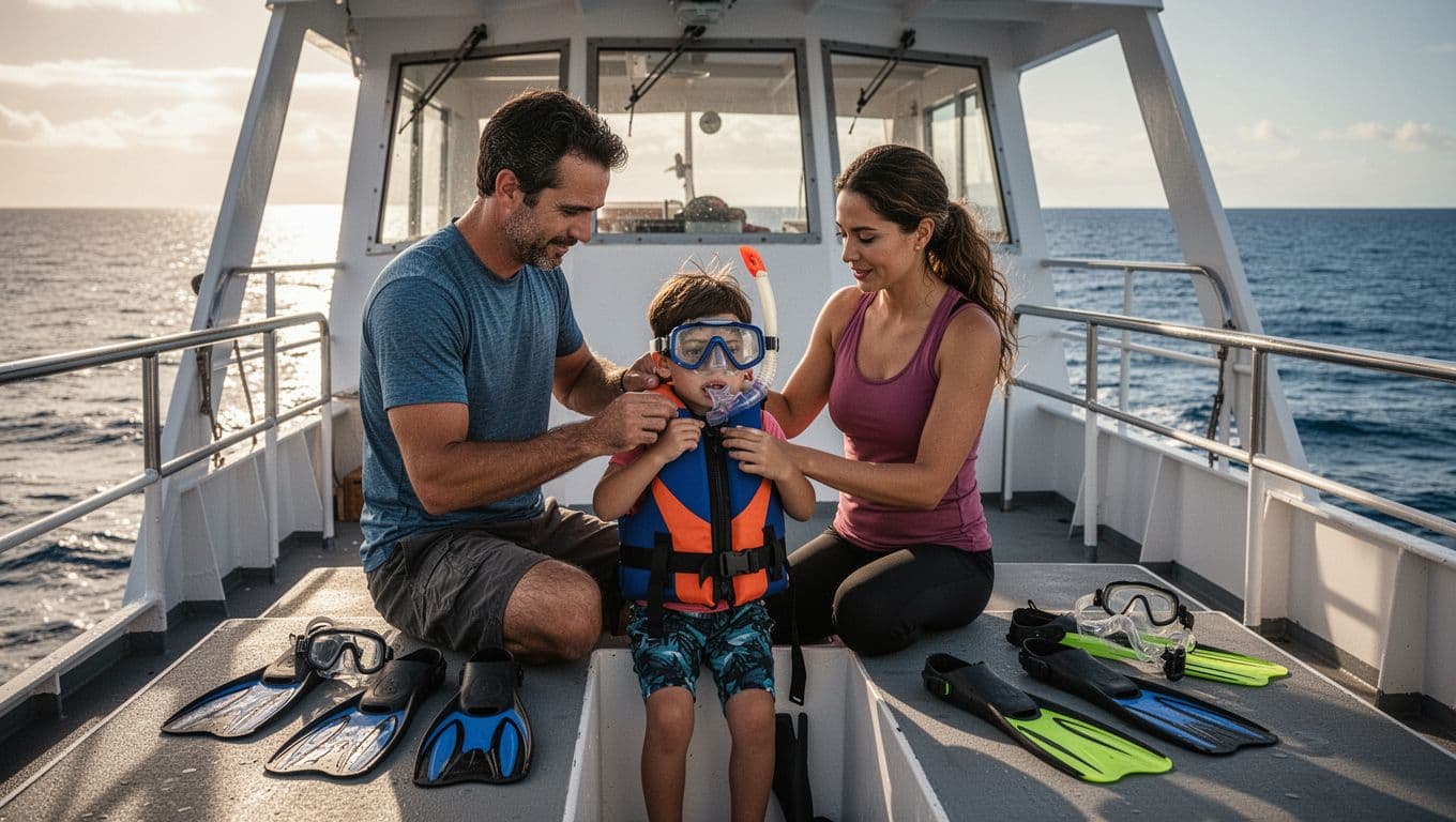 Parents assist their 6-year-old child in adjusting snorkel mask and vest on the deck of a stable double-decker boat at sea near Oahu, with calm ocean background and snorkeling gear nearby under sunny cinematic lighting.