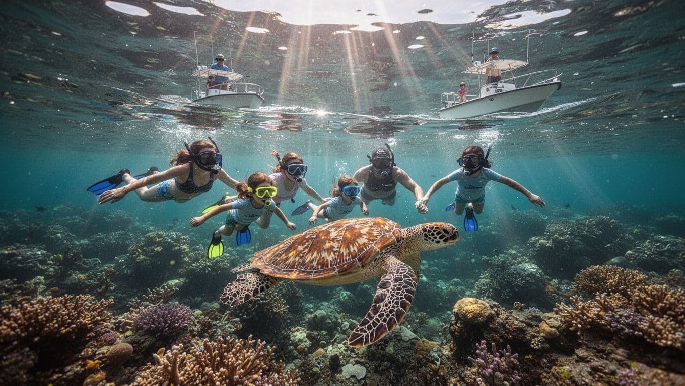A happy family of four snorkels alongside a Hawaiian green sea turtle at the vibrant coral reef in Turtle Canyon off Waikiki, with clear turquoise water and sunlight rays piercing the surface. Cinematic landscape composition shows half above and half below water, with a professional guide assisting from a nearby boat.