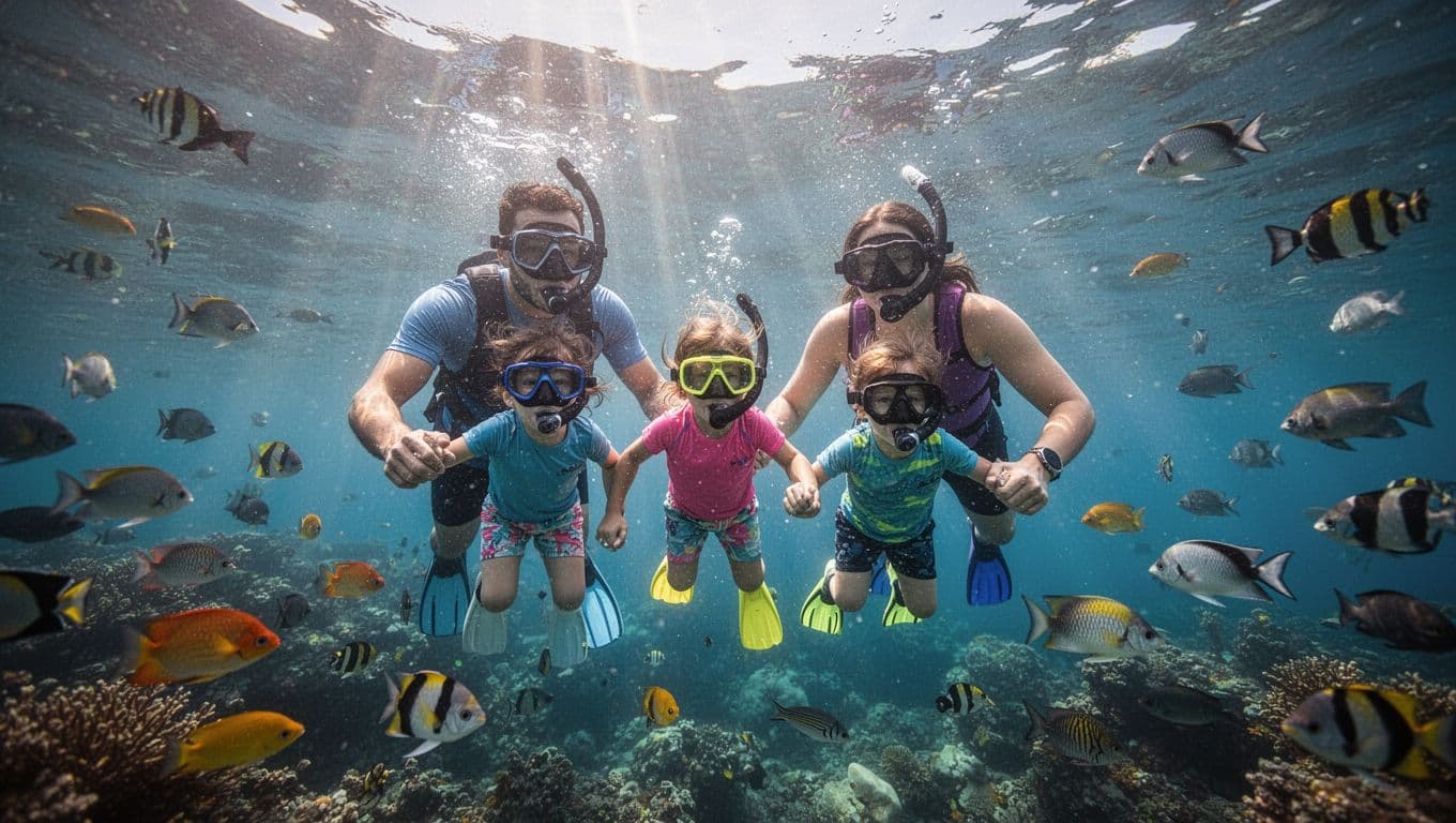 A happy family explores a vibrant coral reef in clear blue Hawaiian water. Colorful tropical fish swim past the parents and children as golden sunlight filters through the ocean surface above.