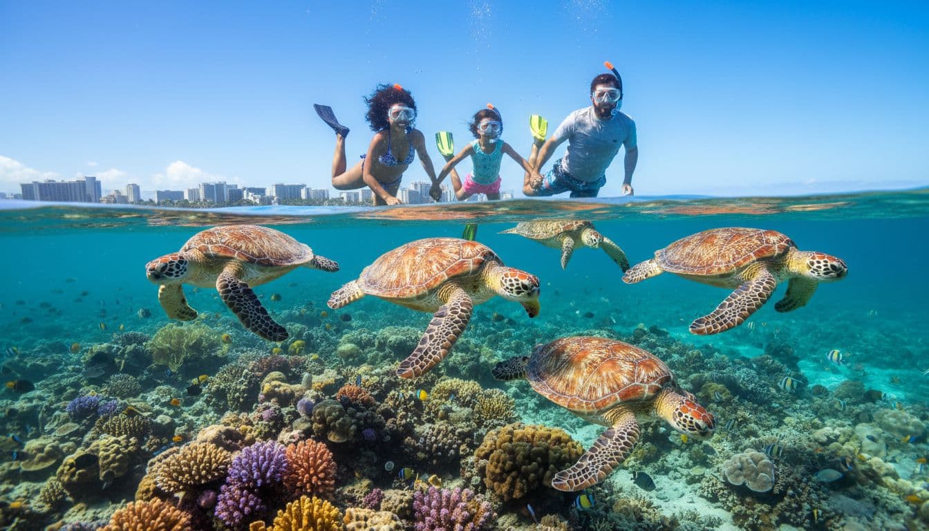 A diverse family of two adults and two kids snorkels with several Hawaiian green sea turtles in crystal-clear turquoise water over a vibrant coral reef, with Waikiki shoreline in the distant background.