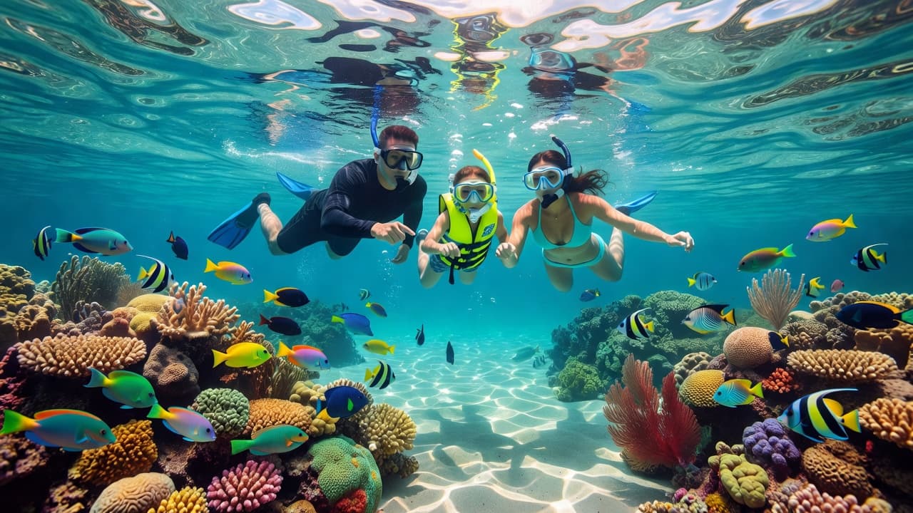 A family of three explores a shallow, clear turquoise lagoon while swimming above a vibrant coral reef. Bright sunlight filters through the water, illuminating schools of tropical fish nearby.