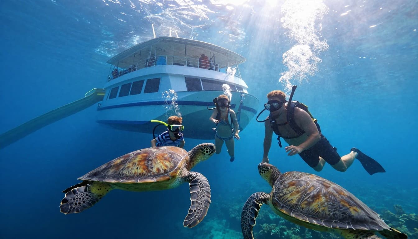 Family of four snorkels with green sea turtles at reef in clear blue water, double-decker boat anchored nearby.