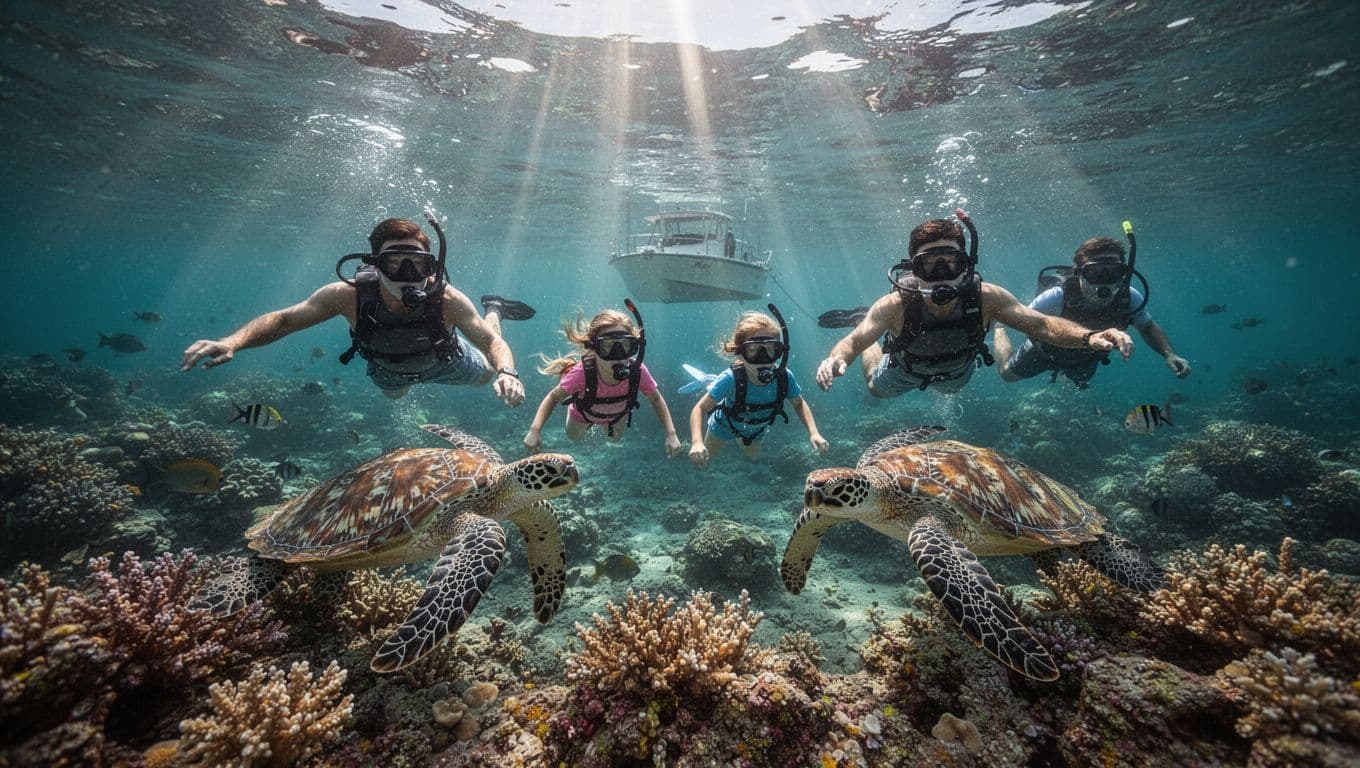 Group of four snorkelers—two adults and two kids—swim near colorful coral reef with Hawaiian green sea turtles in clear turquoise water off Waikiki, boat anchored nearby in cinematic underwater-surface view with dramatic sunlight rays.