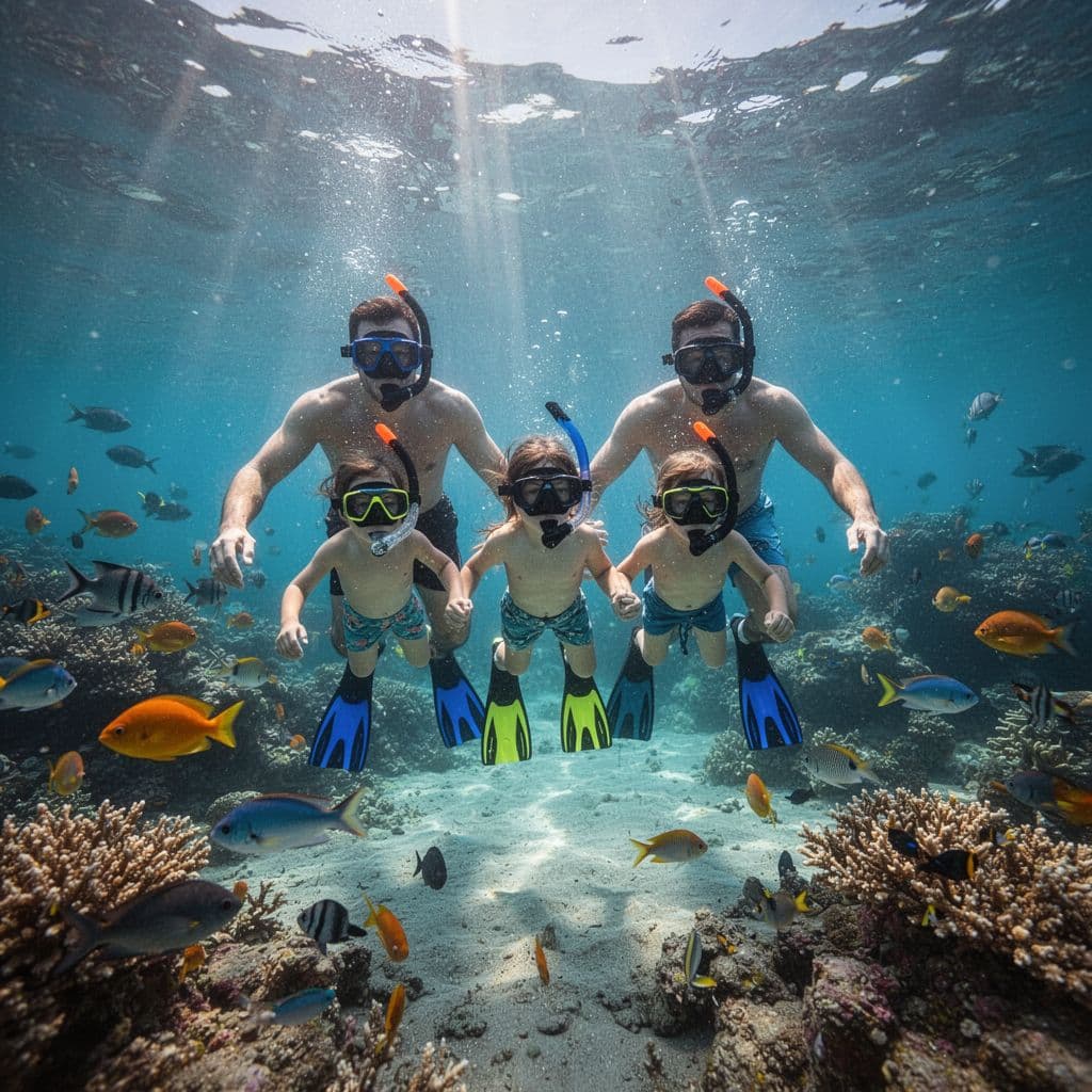 A family of four explores a vibrant tropical coral reef in clear, sunlit shallow water.