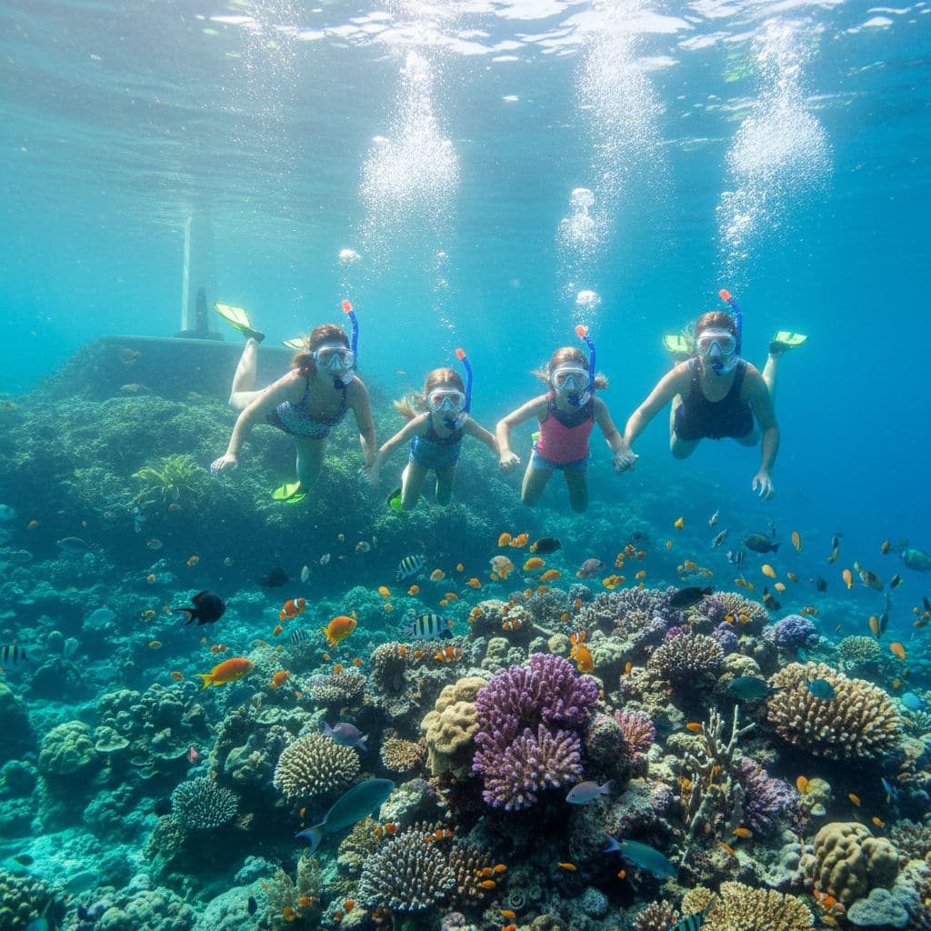 A family with two children snorkeling together among vibrant coral and tropical fish in clear blue water.