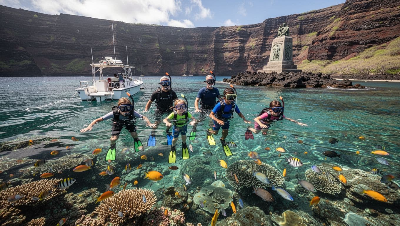 A family of four snorkelers—two adults and two children—descends from an anchored boat into the crystal-clear turquoise waters of Kealakekua Bay, Big Island, Hawaii, with vibrant coral reefs, colorful tropical fish visible below, and Captain Cook Monument in the background.