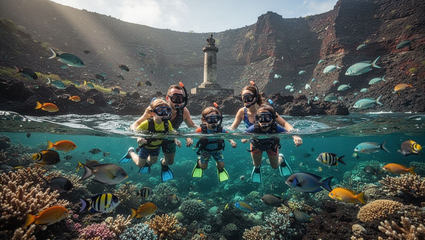 A family of parents and two children aged 5-10 enjoys surface snorkeling amid schools of colorful tropical fish and healthy coral gardens in the clear blue-green waters of Kealakekua Bay marine sanctuary, near the historic Captain Cook Monument with dramatic volcanic cliffs.