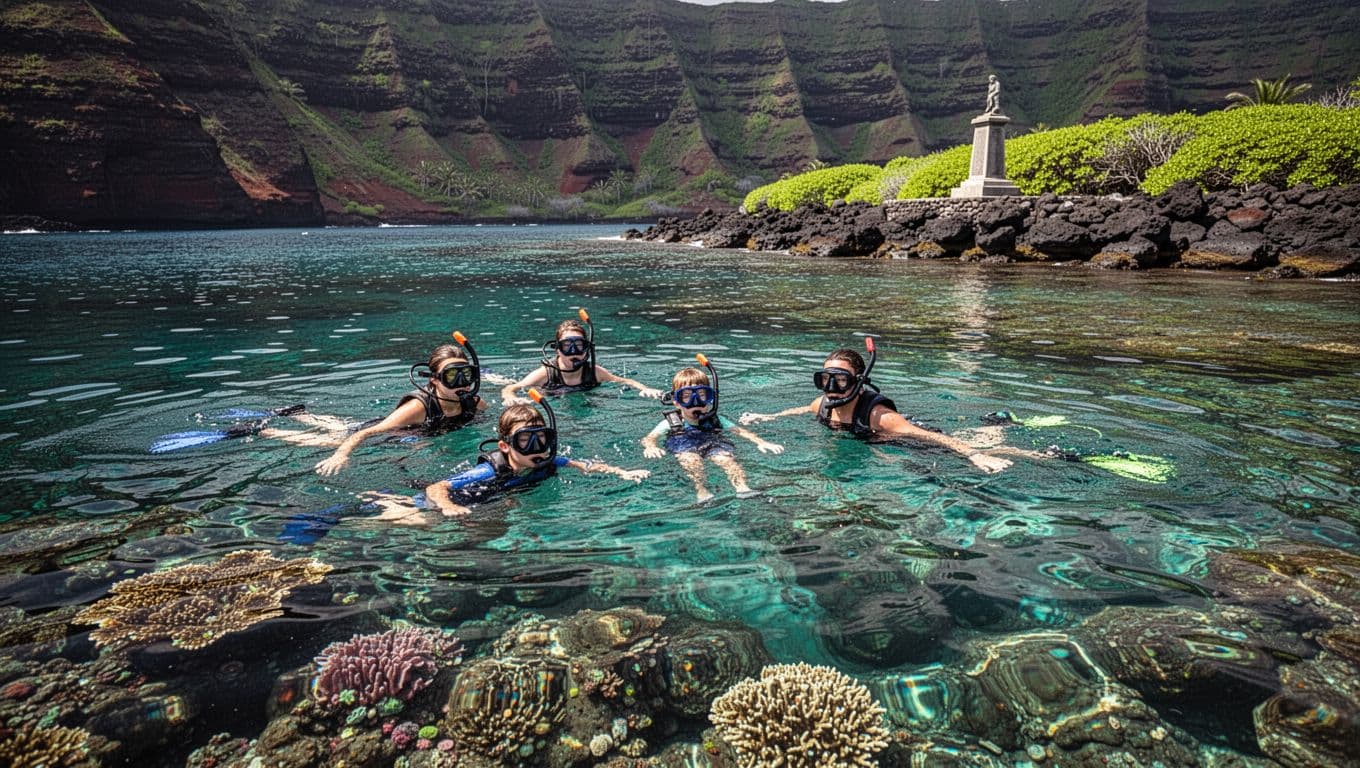 Crystal-clear turquoise waters of Kealakekua Bay on Big Island Hawaii feature calm surfaces with visible colorful coral reefs, a small family of four snorkeling gently, and the distant Captain Cook Monument on the rocky shoreline.