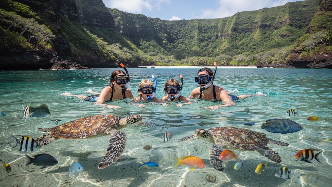 A family of four snorkels in the calm, clear waters of Kealakekua Bay on Hawaii's Big Island, surrounded by lush green cliffs with sea turtles and fish visible below in bright daylight.
