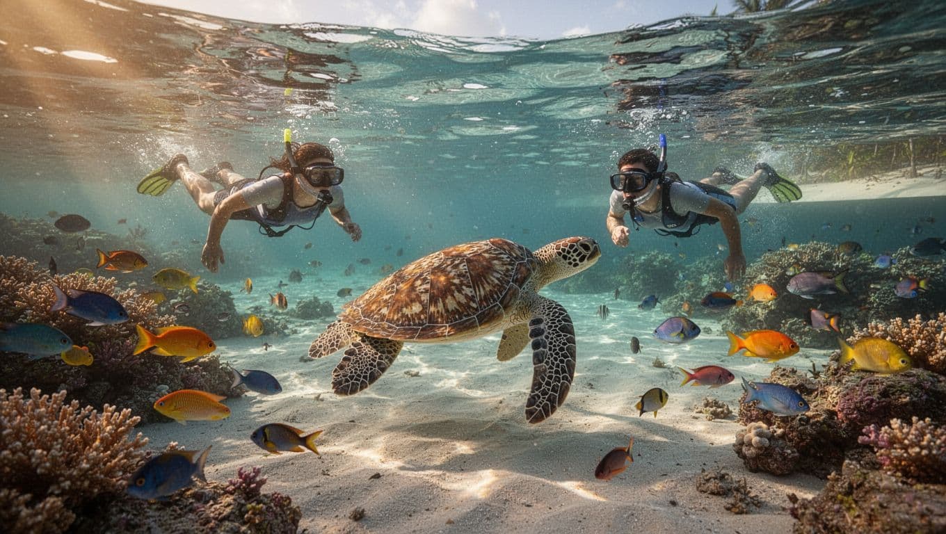 Family snorkeling in calm protected lagoon at Ko Olina Oahu, Hawaiian green sea turtle swimming nearby among colorful fish and corals in shallow clear water, cinematic golden hour lighting.