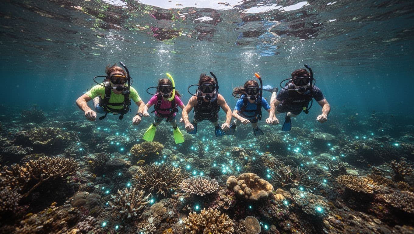 A happy family of four explores a vibrant tropical coral reef beneath the crystalline surface of Kona waters. Colorful fish dart between intricate coral formations in the bright underwater sunlight.