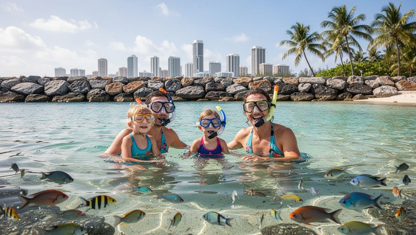 A happy family of two parents and two young children snorkels in shallow, calm turquoise waters of Magic Island lagoon in Honolulu, protected by a rock breakwall, with distant skyline, palm trees, and colorful fish visible below.