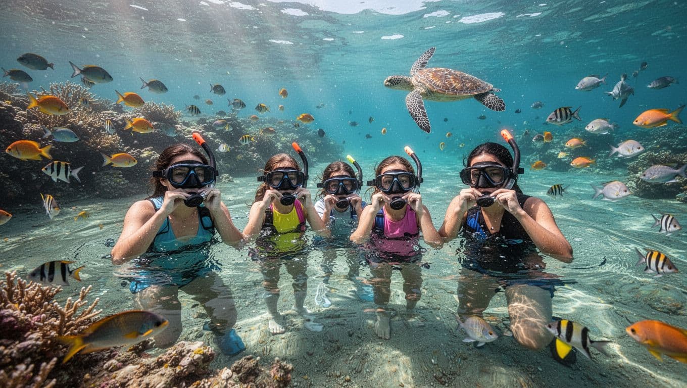 Family snorkels in turquoise Oahu water near reef with colorful fish and a distant sea turtle.