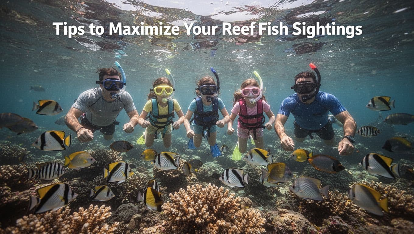 A family of four snorkels calmly in shallow Oahu reef waters teeming with butterflyfish and convict tangs, surrounded by sunlit coral heads and gentle waves.