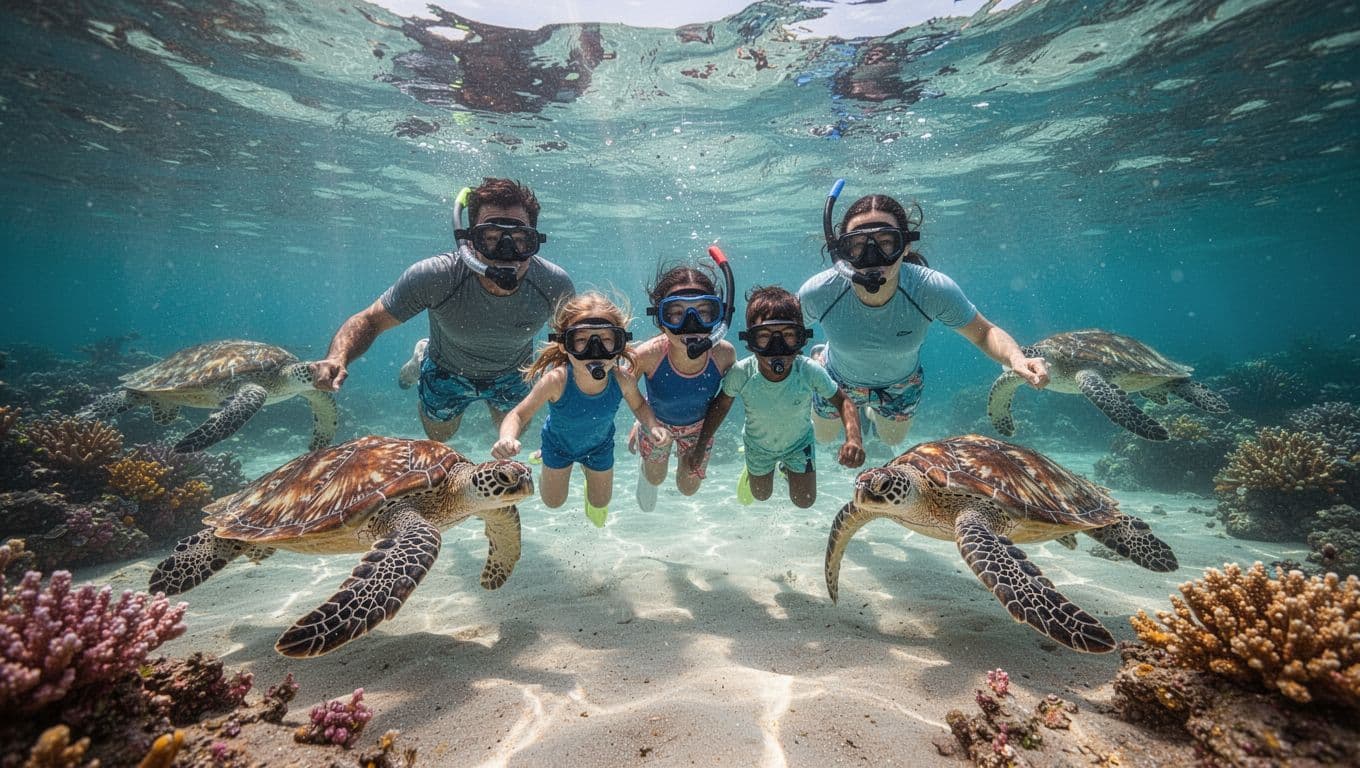 Family of four snorkels in shallow clear waters near Hawaiian turtles over vibrant reef and sandy seafloor.
