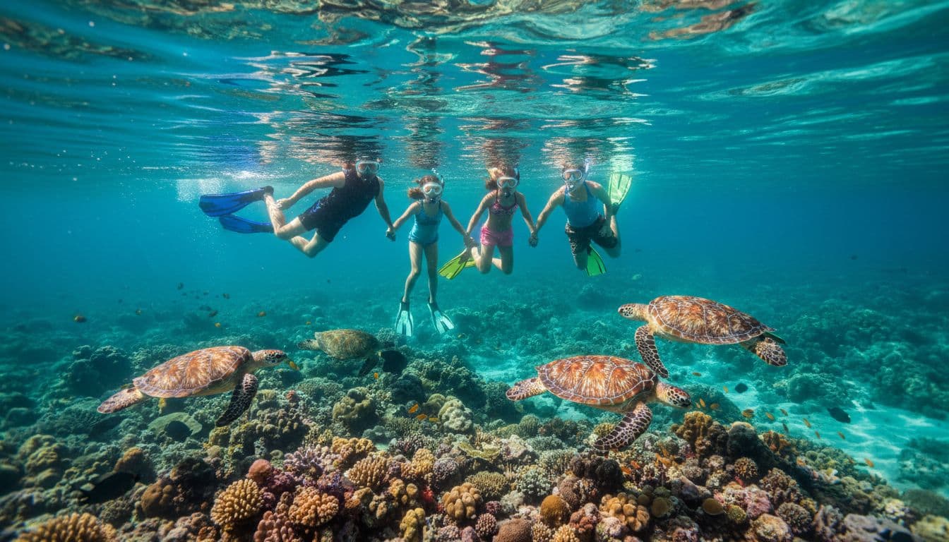 Young family of four snorkels in turquoise Oahu waters, spotting green sea turtles over coral reef.