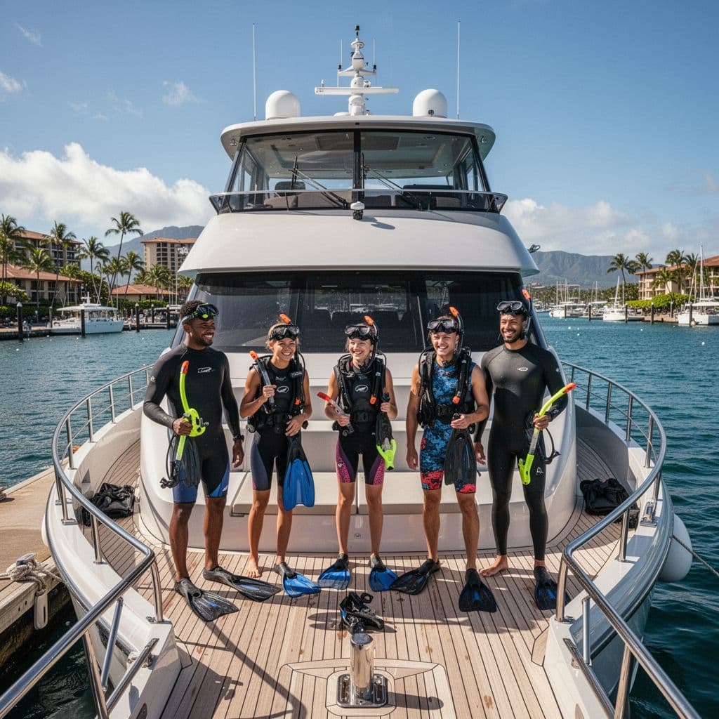 A family of four stands on the deck of a modern boat in a sunny harbor.