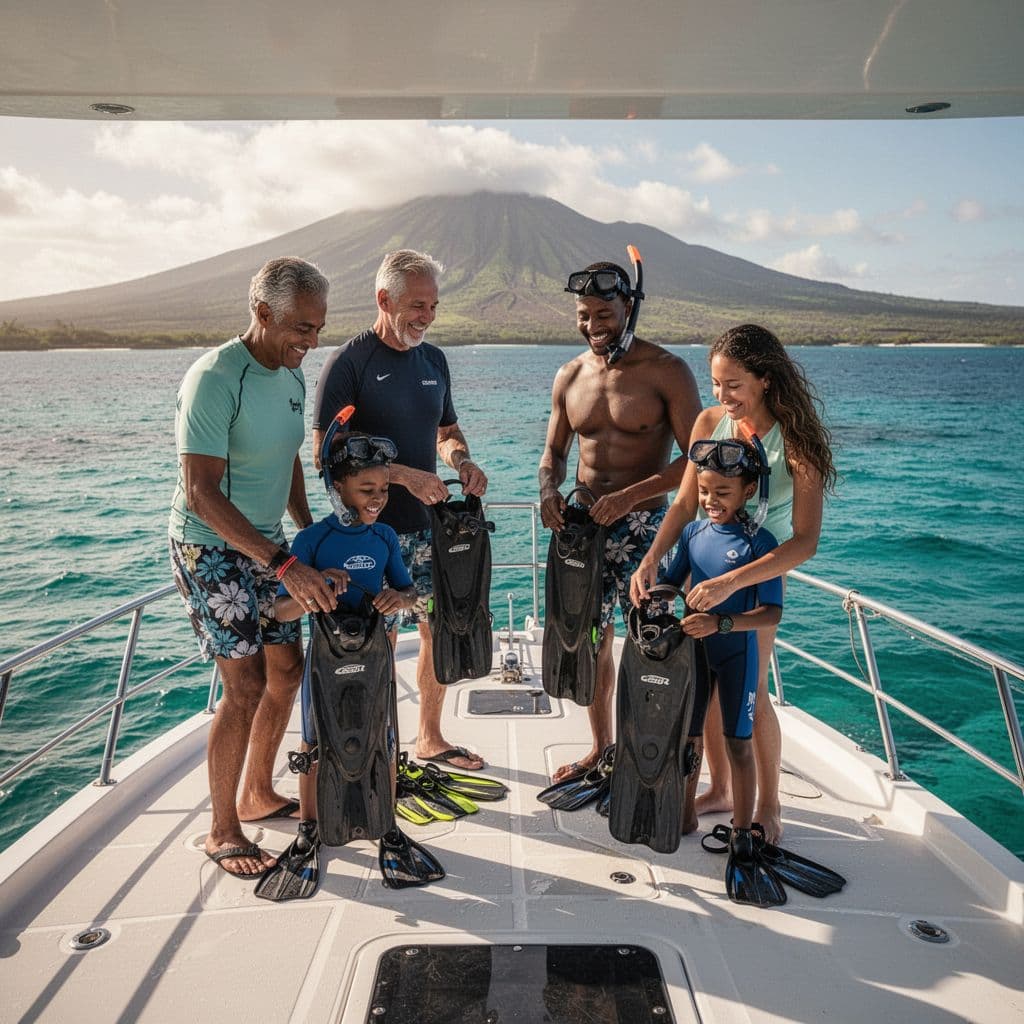 Diverse family of four gears up with snorkel equipment on modern boat amid clear blue ocean.