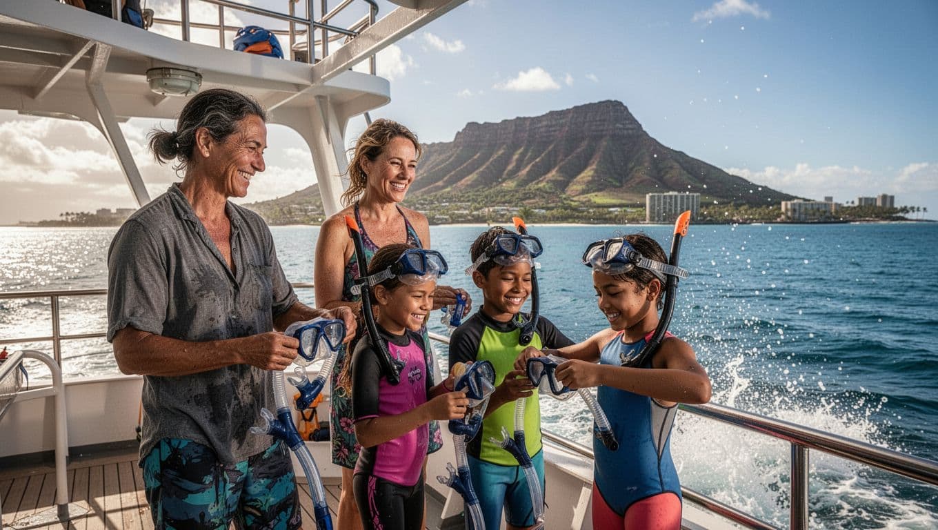 Excited family of four (two adults, two kids) on a double-decker boat off Waikiki coast, gearing up with masks for a guided snorkel adventure, with Diamond Head in the background under bright sunny skies.