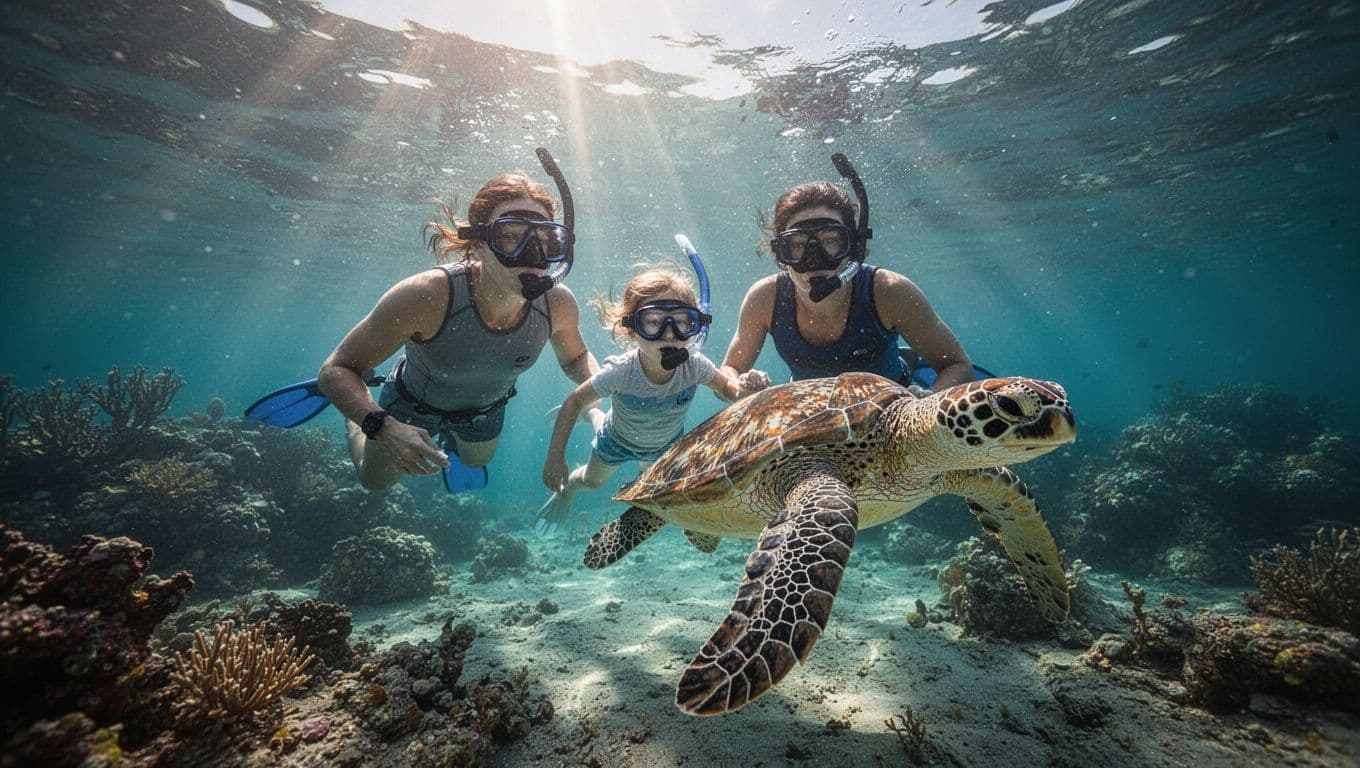 A family wearing snorkels and masks drifts through vibrant turquoise ocean water alongside a large green sea turtle. Sun rays pierce the surface, highlighting the reef and marine wildlife below.