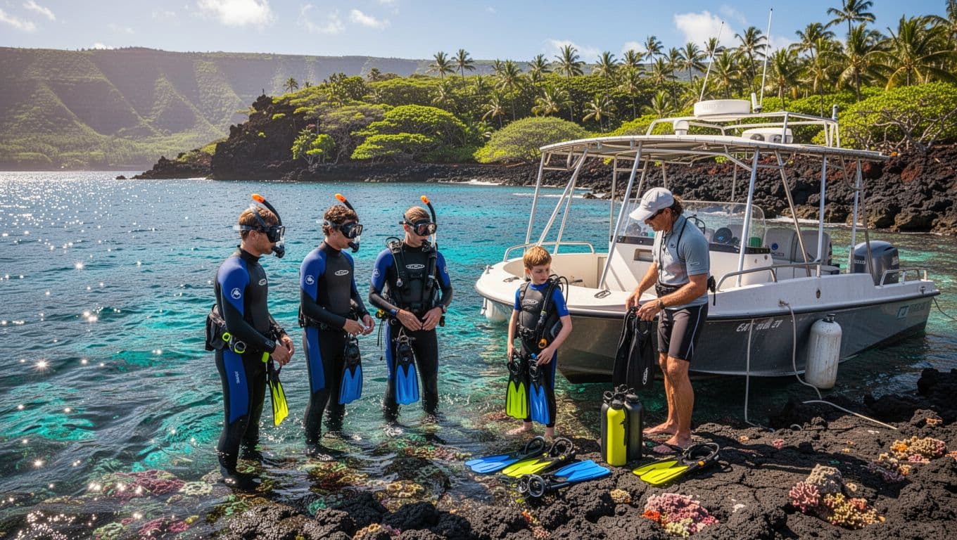 Two adults and two children prepare to snorkel beside a boat as a guide stands nearby.