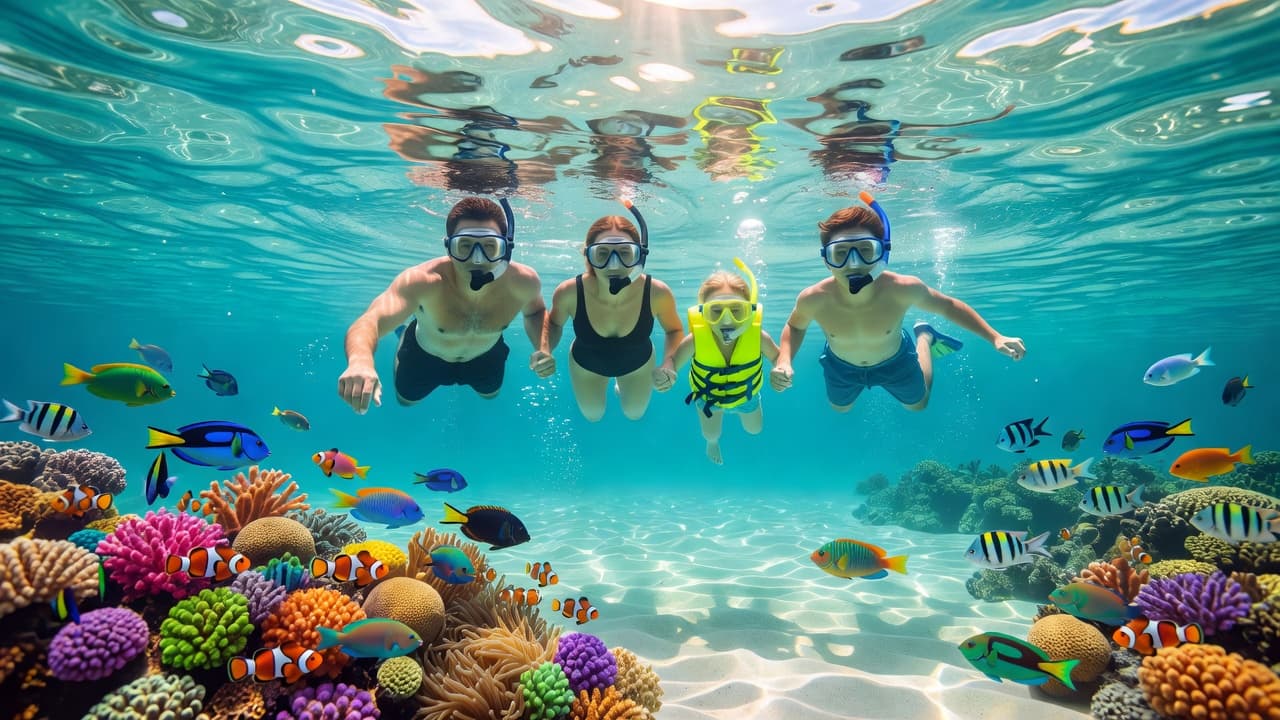 A family of four wearing snorkeling gear swims through crystal clear ocean water above a colorful coral reef. Sunlight penetrates the surface while vibrant tropical fish dart around the group.