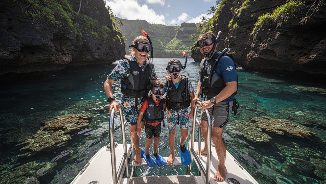 Excited family of two adults and two children in snorkel gear prepares to enter calm waters from a boat ladder at Turtle Canyon, assisted by a professional guide, with Hawaiian reef visible below.