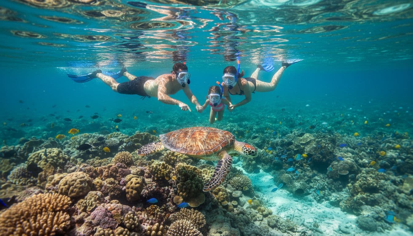 A family of parents and child snorkeling in calm clear waters at Turtle Canyon Oahu, observing a green sea turtle near coral with sunlight sparkling on the surface and vibrant reef fish in the background.