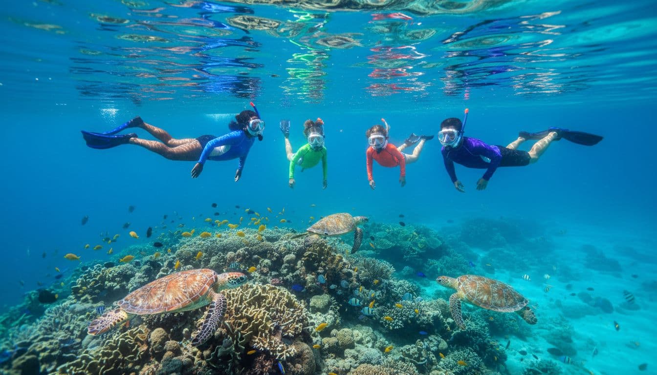 Diverse family of four snorkeling in clear turquoise waters above Turtle Canyon Oahu coral reef, with Hawaiian green sea turtles visible below being cleaned by fish amid vibrant marine life.