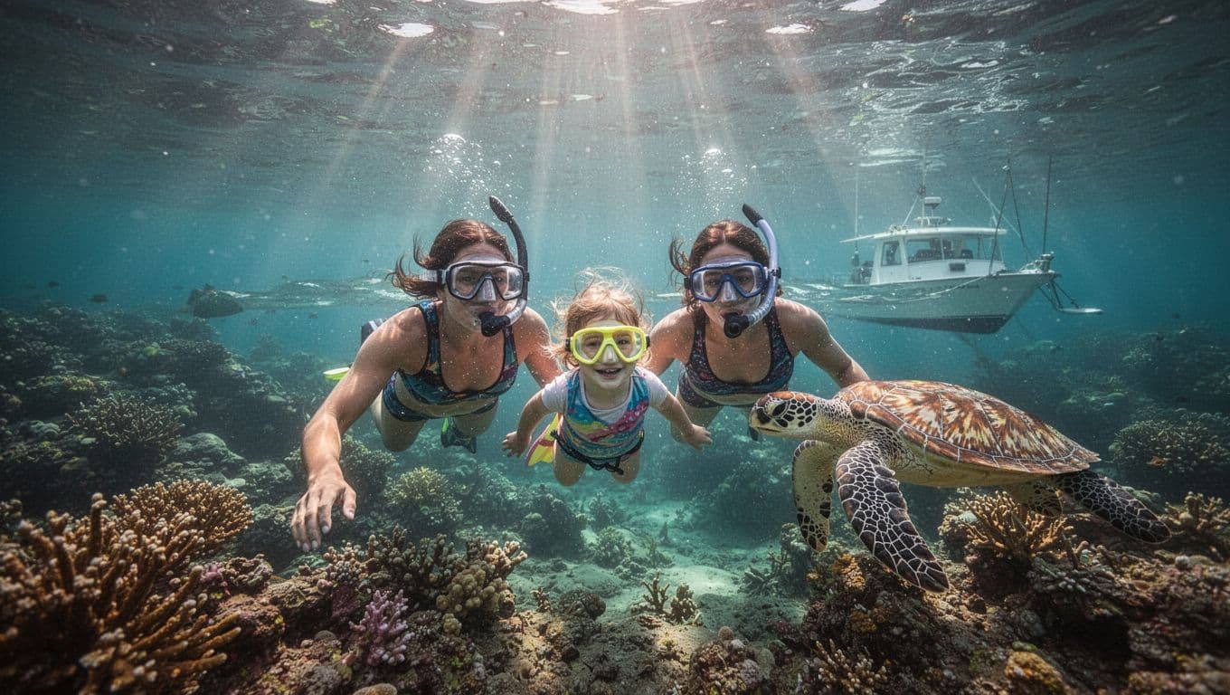 A joyful family of two adults and one child surfacing with smiles and masks on heads while snorkeling at Turtle Canyon reef off Waikiki, with a Hawaiian green sea turtle nearby in clear turquoise water amid vibrant coral and sunlight shafts.
