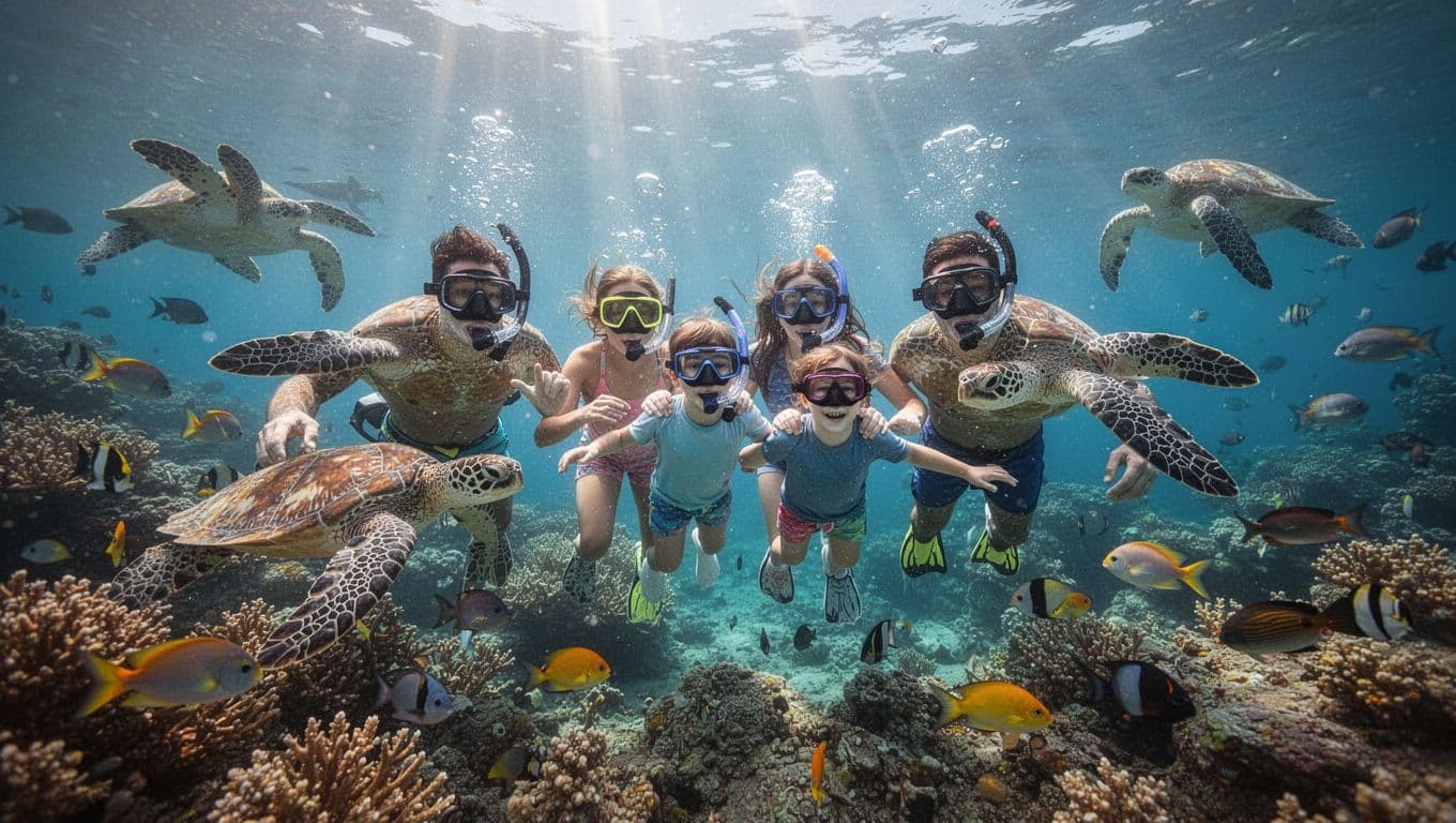 A family of four snorkels together in a crystal-clear bay teeming with turtles, colorful fish, and coral formations, with sunlight filtering through the water creating dramatic cinematic lighting and joyful expressions.